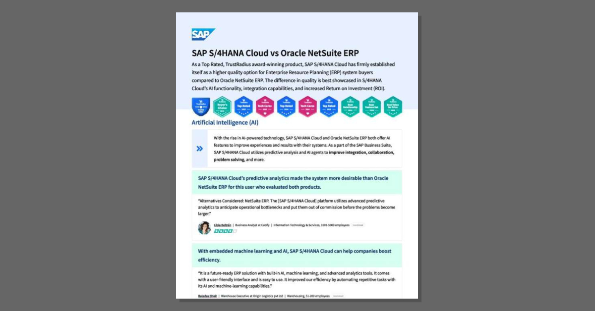 ERP buyers want clarity when comparing systems, and this analyst report delivers it. The report outlines how SAP S/4HANA Cloud surpasses Oracle NetSuite ERP in key areas such as AI-powered predictive analytics, integration across SAP and third-party applications, implementation outcomes, and ROI. Download the report to understand where SAP S/4HANA Cloud leads and how these differences impact your organization's efficiency and long-term value. Contact EPI-USE to connect with an expert who can walk you through the findings and next steps.