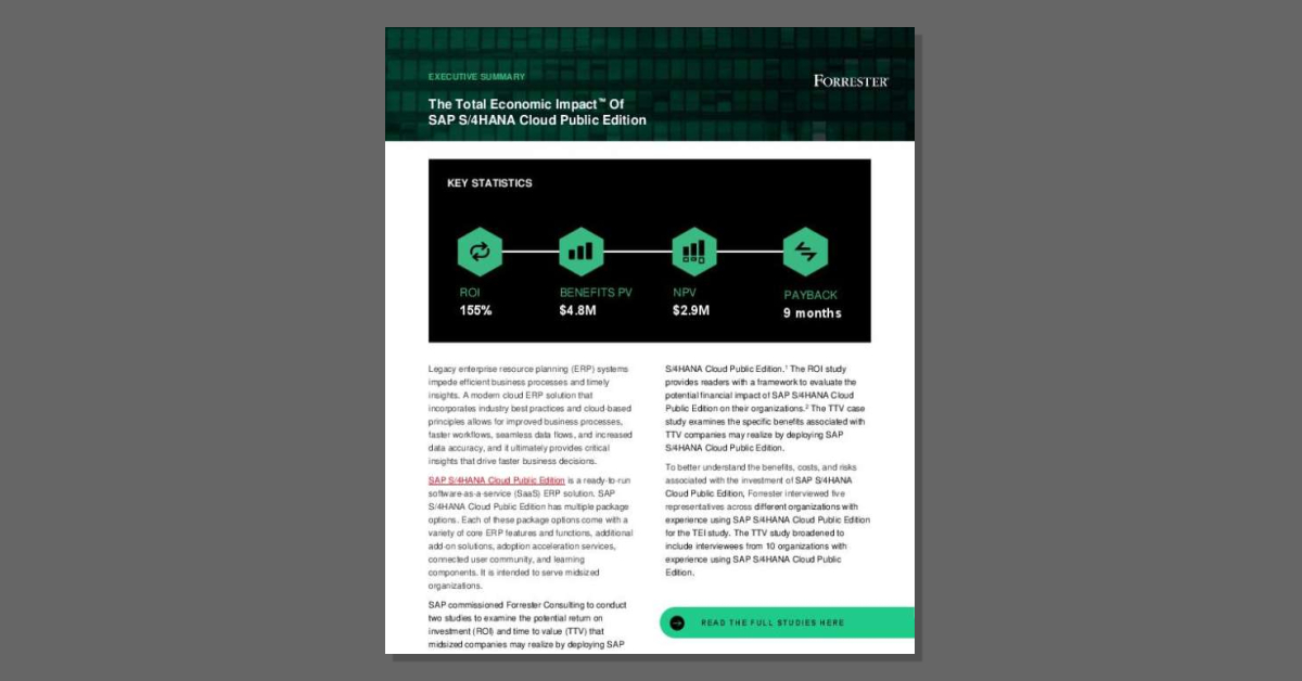 Companies upgrading from legacy ERP systems are achieving faster payback and greater efficiency with SAP S/4HANA Cloud Public Edition. The Forrester Total Economic Impact™ Executive Summary provides data-backed insights showing a 155% ROI, $4.8 million in benefits, and payback in nine months. Download this summary to see how SAP can drive measurable financial outcomes for your organization, and contact EPI-USE for a deeper conversation about your ROI potential.